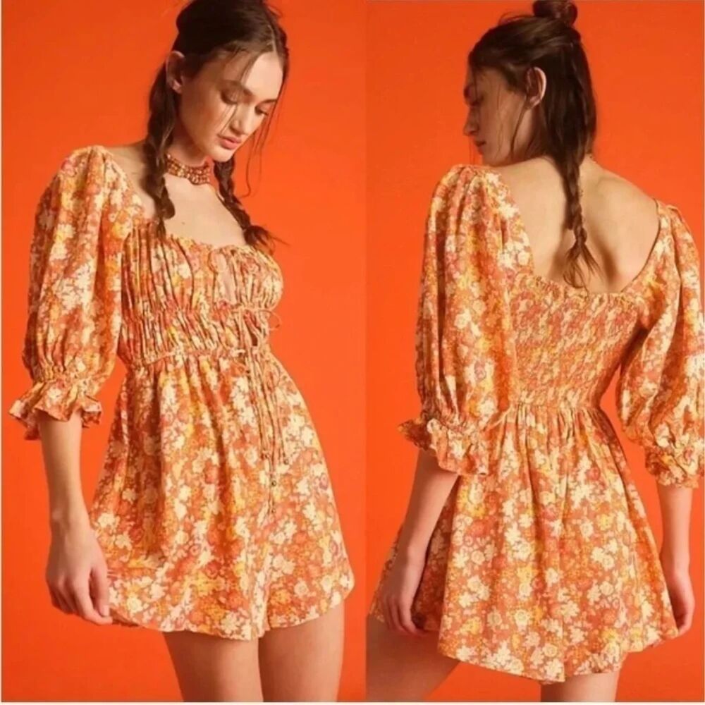 Free People | Show Me Love Romper Floral Puff Sleeve Orange Pink Fairy Linen S